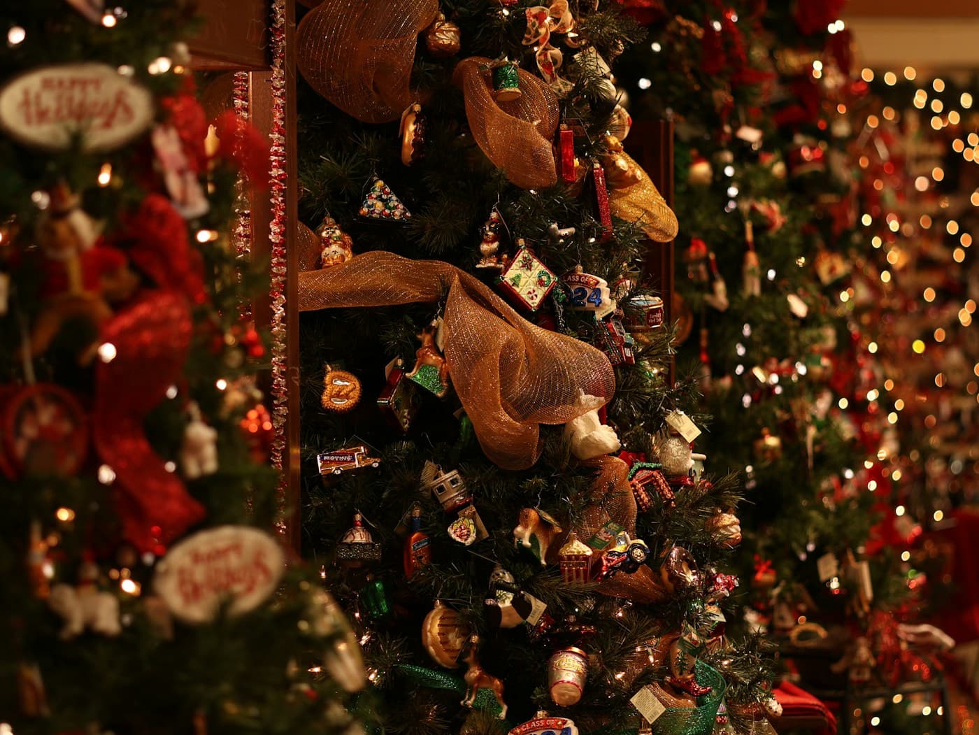 A Christmas tree covered in lights and ornaments